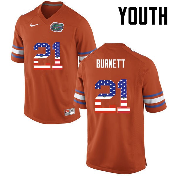 Florida Gators Youth #21 McArthur Burnett College Football Jersey USA Flag Fashion Orange